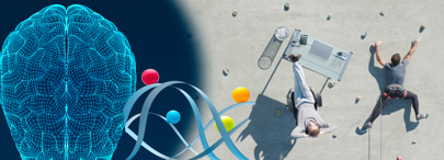 A split shot of an illustration of a brain and of a man climbing a rock wall